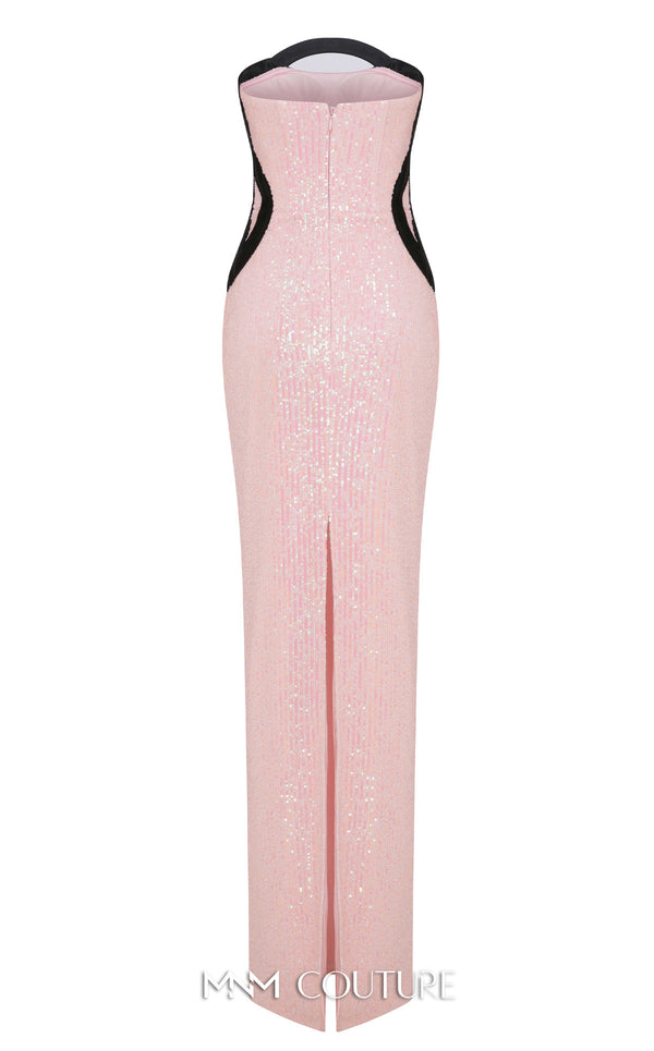 MNM Couture Style N0635 gown featuring intricate sequin detailing, removable cape sleeves, and a majestic straight neckline. / Couture Shop LA