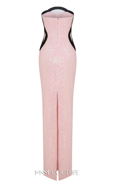 MNM Couture Style N0635 gown featuring intricate sequin detailing, removable cape sleeves, and a majestic straight neckline. / Couture Shop LA