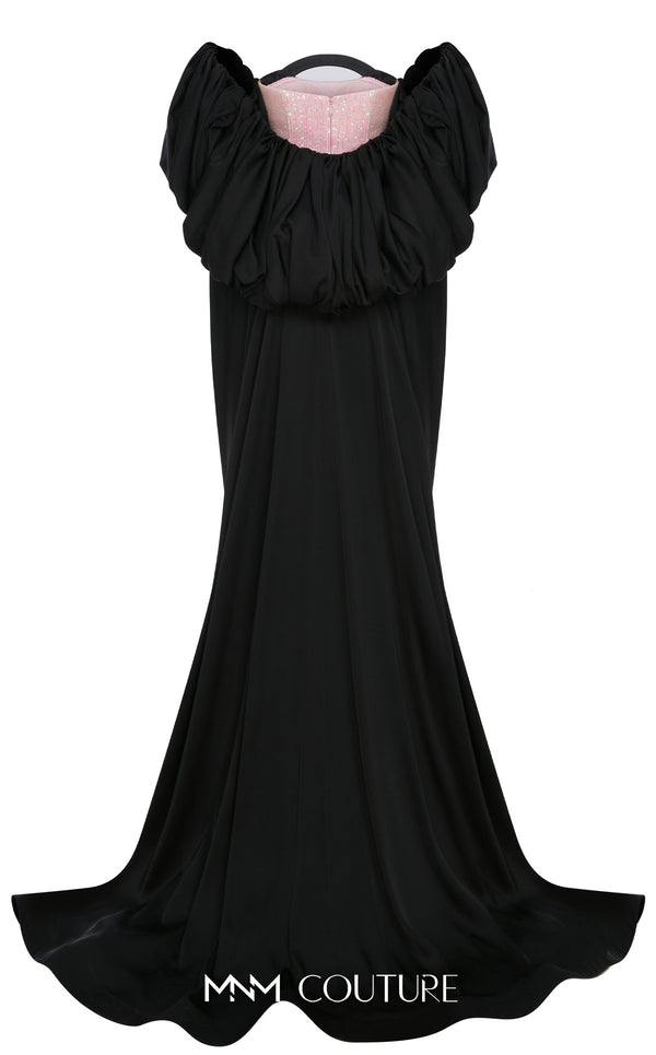 MNM Couture Style N0635 gown featuring intricate sequin detailing, removable cape sleeves, and a majestic straight neckline. / Couture Shop LA