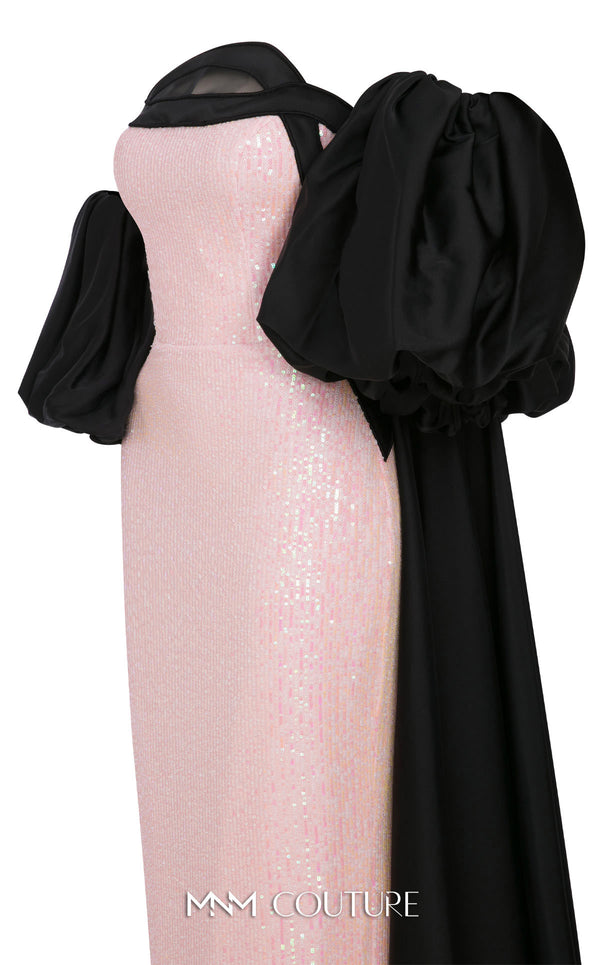 MNM Couture Style N0635 gown featuring intricate sequin detailing, removable cape sleeves, and a majestic straight neckline. / Couture Shop LA