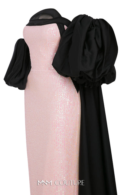 MNM Couture Style N0635 gown featuring intricate sequin detailing, removable cape sleeves, and a majestic straight neckline. / Couture Shop LA