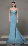 MNM Couture N0637 mint and yellow rayon mermaid gown with pleated bust and elegant train. | Couture Shop LA