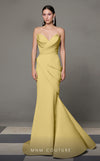 MNM Couture N0637 mint and yellow rayon mermaid gown with pleated bust and elegant train. | Couture Shop LA