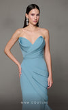 MNM Couture N0637 mint and yellow rayon mermaid gown with pleated bust and elegant train. | Couture Shop LA