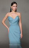 MNM Couture N0637 mint and yellow rayon mermaid gown with pleated bust and elegant train. | Couture Shop LA