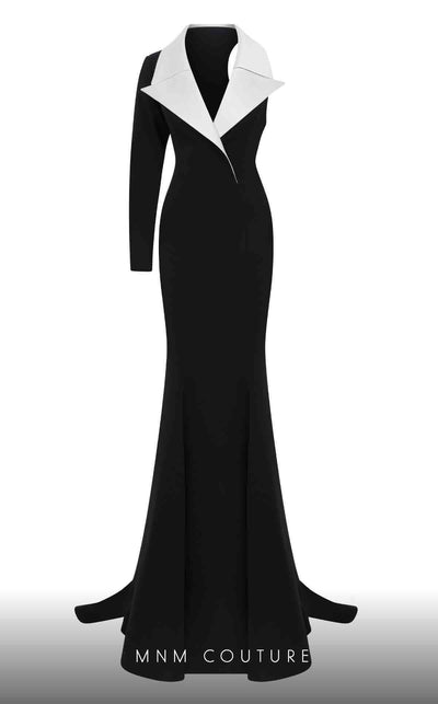 MNM Couture N0638 black fitted gown with V-collar, unique sleeves, and dramatic train | Couture Shop LA