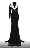 MNM Couture N0638 black fitted gown with V-collar, unique sleeves, and dramatic train | Couture Shop LA