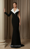 MNM Couture N0638 black fitted gown with V-collar, unique sleeves, and dramatic train | Couture Shop LA
