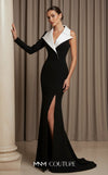 MNM Couture N0638 black fitted gown with V-collar, unique sleeves, and dramatic train | Couture Shop LA