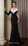 MNM Couture N0638 black fitted gown with V-collar, unique sleeves, and dramatic train | Couture Shop LA