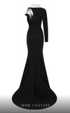 MNM Couture N0638 black fitted gown with V-collar, unique sleeves, and dramatic train | Couture Shop LA