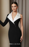 MNM Couture N0638 black fitted gown with V-collar, unique sleeves, and dramatic train | Couture Shop LA