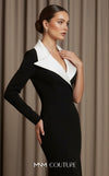 MNM Couture N0638 black fitted gown with V-collar, unique sleeves, and dramatic train | Couture Shop LA