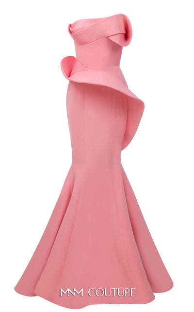MNM Couture Style N0640 blue rayon crepe column gown featuring a straight-across neckline, twisted bust pleat, thin belt, asymmetric peplum, and dramatic long train | Couture Shop LA.