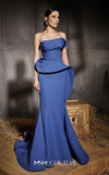 MNM Couture Style N0640 blue rayon crepe column gown featuring a straight-across neckline, twisted bust pleat, thin belt, asymmetric peplum, and dramatic long train | Couture Shop LA.