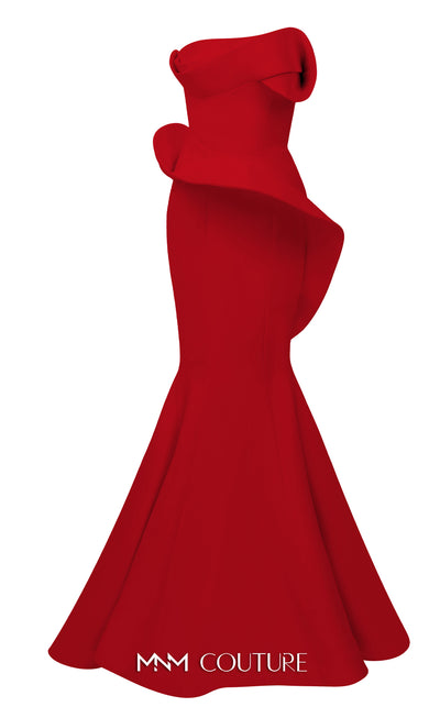 MNM Couture Style N0640 blue rayon crepe column gown featuring a straight-across neckline, twisted bust pleat, thin belt, asymmetric peplum, and dramatic long train | Couture Shop LA.