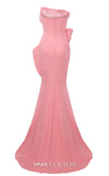 MNM Couture Style N0640 blue rayon crepe column gown featuring a straight-across neckline, twisted bust pleat, thin belt, asymmetric peplum, and dramatic long train | Couture Shop LA.