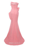 MNM Couture Style N0640 blue rayon crepe column gown featuring a straight-across neckline, twisted bust pleat, thin belt, asymmetric peplum, and dramatic long train | Couture Shop LA.