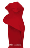 MNM Couture Style N0640 blue rayon crepe column gown featuring a straight-across neckline, twisted bust pleat, thin belt, asymmetric peplum, and dramatic long train | Couture Shop LA.