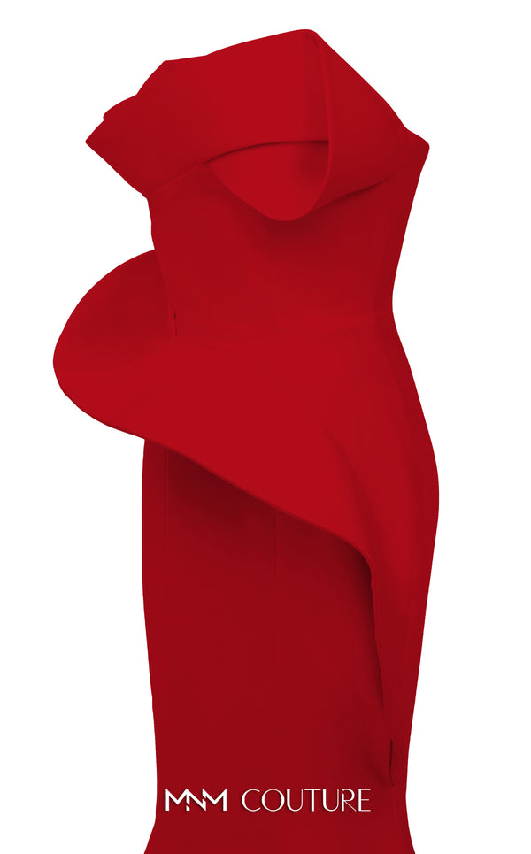 MNM Couture Style N0640 blue rayon crepe column gown featuring a straight-across neckline, twisted bust pleat, thin belt, asymmetric peplum, and dramatic long train | Couture Shop LA.