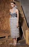 MNM Couture Style N0641 silver column maxi dress with corset-style embroidered bodice, sequins, layered organza skirt, flower-shaped neckline detail, and long train | Couture Shop LA