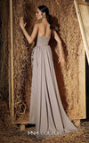 MNM Couture Style N0641 silver column maxi dress with corset-style embroidered bodice, sequins, layered organza skirt, flower-shaped neckline detail, and long train | Couture Shop LA