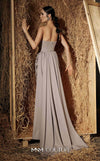 MNM Couture Style N0641 silver column maxi dress with corset-style embroidered bodice, sequins, layered organza skirt, flower-shaped neckline detail, and long train | Couture Shop LA