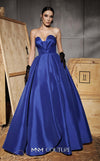 MNM Couture Style N0642 royal blue A-line gown, featuring a pleated sweetheart neckline, sleeveless design, and taffeta fabric for a timelessly elegant silhouette | Couture Shop LA