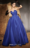 MNM Couture Style N0642 royal blue A-line gown, featuring a pleated sweetheart neckline, sleeveless design, and taffeta fabric for a timelessly elegant silhouette | Couture Shop LA