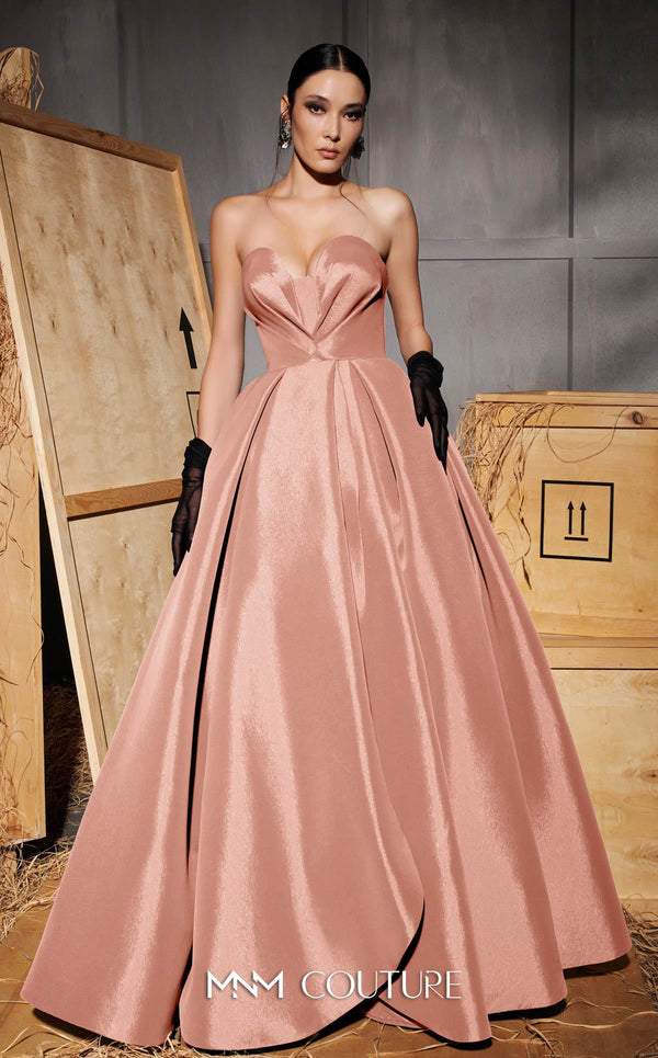 MNM Couture Style N0642 royal blue A-line gown, featuring a pleated sweetheart neckline, sleeveless design, and taffeta fabric for a timelessly elegant silhouette | Couture Shop LA