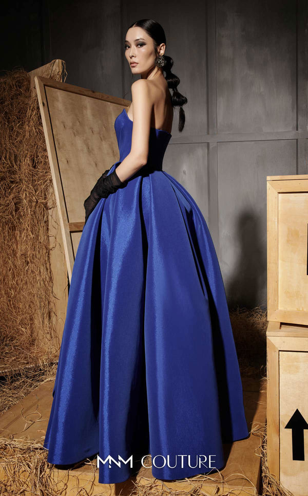 MNM Couture Style N0642 royal blue A-line gown, featuring a pleated sweetheart neckline, sleeveless design, and taffeta fabric for a timelessly elegant silhouette | Couture Shop LA