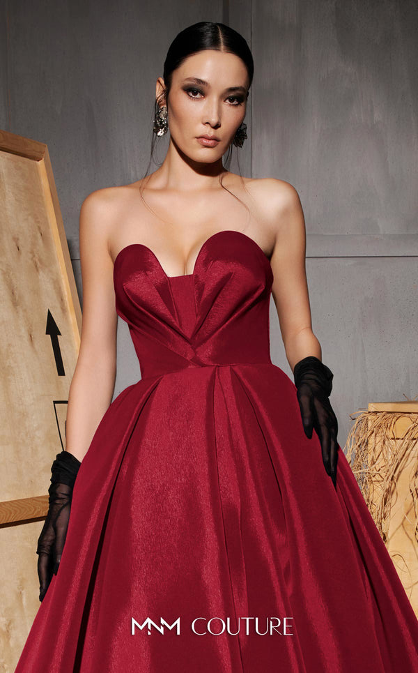 MNM Couture Style N0642 royal blue A-line gown, featuring a pleated sweetheart neckline, sleeveless design, and taffeta fabric for a timelessly elegant silhouette | Couture Shop LA