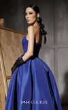 MNM Couture Style N0642 royal blue A-line gown, featuring a pleated sweetheart neckline, sleeveless design, and taffeta fabric for a timelessly elegant silhouette | Couture Shop LA