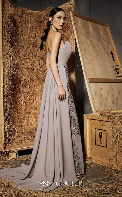 MNM Couture Style N0643 grey long dress with rayon crepe, asymmetric sweetheart neckline & embroidered details. | Couture Shop LA