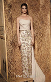 MNM Couture Style N0645 off-white rayon crepe sleeveless gown with mesh embroidery & classic column fit. | Couture Shop LA