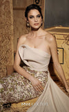 MNM Couture Style N0645 off-white rayon crepe sleeveless gown with mesh embroidery & classic column fit. | Couture Shop LA