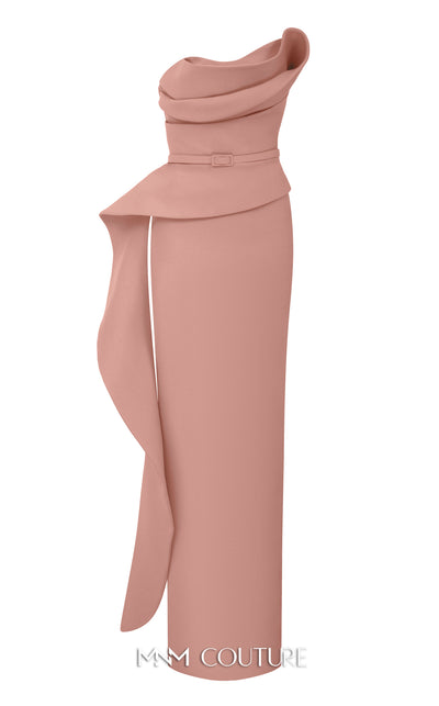 MNM Couture Style N0647 fuchsia rayon crepe column dress with asymmetric sweetheart neckline & long sleek lines. | Couture Shop LA