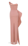MNM Couture Style N0647 fuchsia rayon crepe column dress with asymmetric sweetheart neckline & long sleek lines. | Couture Shop LA