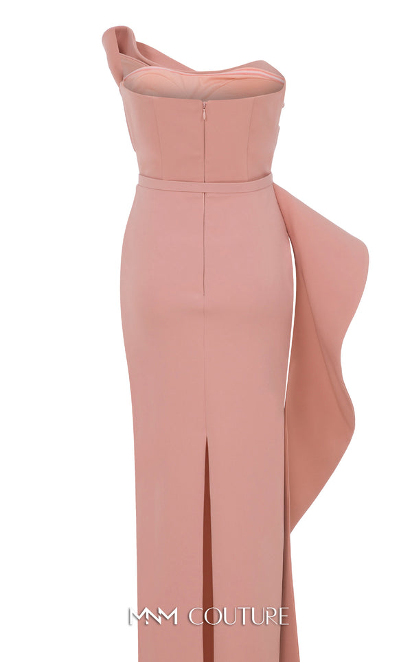 MNM Couture Style N0647 fuchsia rayon crepe column dress with asymmetric sweetheart neckline & long sleek lines. | Couture Shop LA