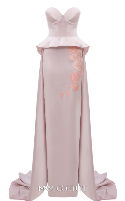 MNM Couture Style N0648 silver silk column dress featuring a sweetheart neckline, peplum corset bodice, floral embroidery with sequins, a fitted skirt, and a dramatic back train for an elegant silhouette | Couture Shop LA