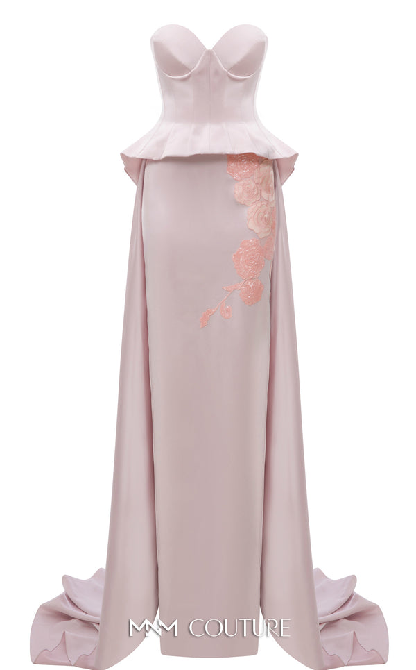 MNM Couture Style N0648 silver silk column dress featuring a sweetheart neckline, peplum corset bodice, floral embroidery with sequins, a fitted skirt, and a dramatic back train for an elegant silhouette | Couture Shop LA