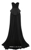 MNM Couture Style N0648 silver silk column dress featuring a sweetheart neckline, peplum corset bodice, floral embroidery with sequins, a fitted skirt, and a dramatic back train for an elegant silhouette | Couture Shop LA
