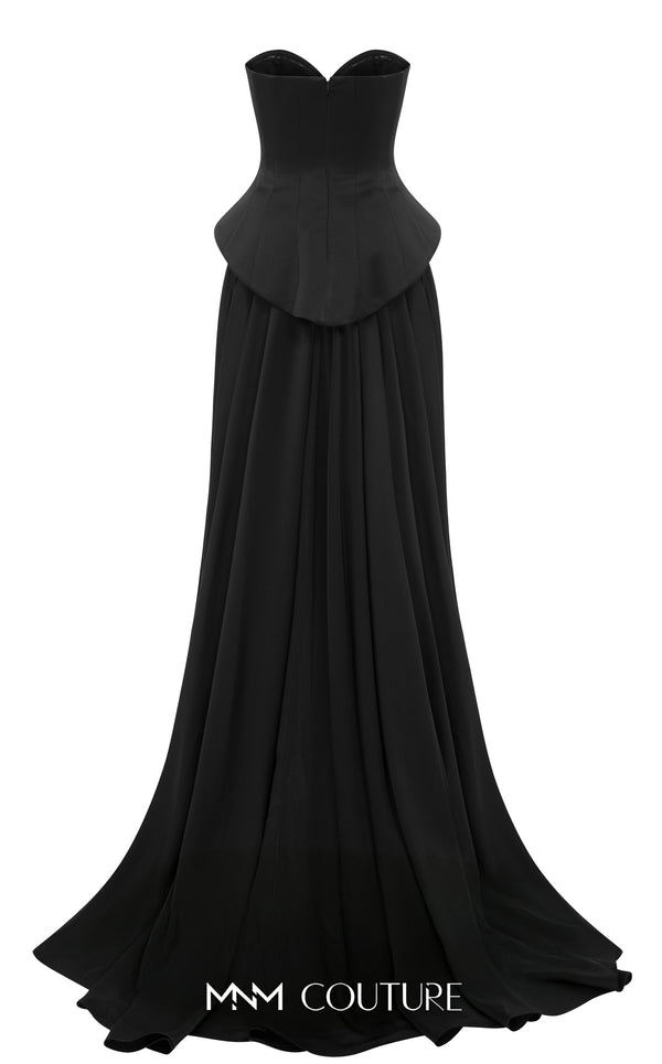 MNM Couture Style N0648 silver silk column dress featuring a sweetheart neckline, peplum corset bodice, floral embroidery with sequins, a fitted skirt, and a dramatic back train for an elegant silhouette | Couture Shop LA