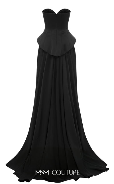 MNM Couture Style N0648 silver silk column dress featuring a sweetheart neckline, peplum corset bodice, floral embroidery with sequins, a fitted skirt, and a dramatic back train for an elegant silhouette | Couture Shop LA