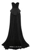 MNM Couture Style N0648 silver silk column dress featuring a sweetheart neckline, peplum corset bodice, floral embroidery with sequins, a fitted skirt, and a dramatic back train for an elegant silhouette | Couture Shop LA