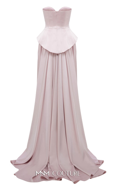 MNM Couture Style N0648 silver silk column dress featuring a sweetheart neckline, peplum corset bodice, floral embroidery with sequins, a fitted skirt, and a dramatic back train for an elegant silhouette | Couture Shop LA