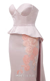 MNM Couture Style N0648 silver silk column dress featuring a sweetheart neckline, peplum corset bodice, floral embroidery with sequins, a fitted skirt, and a dramatic back train for an elegant silhouette | Couture Shop LA