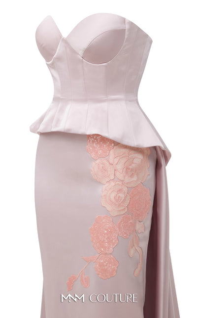 MNM Couture Style N0648 silver silk column dress featuring a sweetheart neckline, peplum corset bodice, floral embroidery with sequins, a fitted skirt, and a dramatic back train for an elegant silhouette | Couture Shop LA