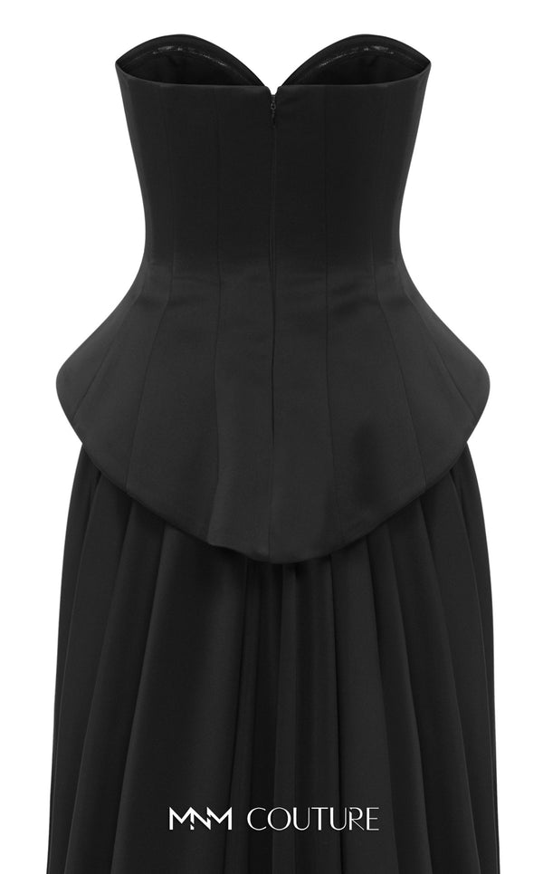 MNM Couture Style N0648 silver silk column dress featuring a sweetheart neckline, peplum corset bodice, floral embroidery with sequins, a fitted skirt, and a dramatic back train for an elegant silhouette | Couture Shop LA