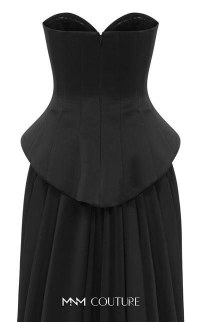 MNM Couture Style N0648 silver silk column dress featuring a sweetheart neckline, peplum corset bodice, floral embroidery with sequins, a fitted skirt, and a dramatic back train for an elegant silhouette | Couture Shop LA